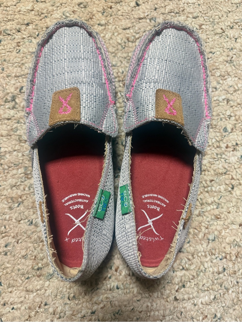 Twisted X Gray Canvas Slip-On Flats with Pink Accents